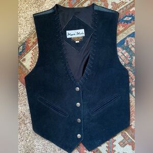 Vintage black leather and satin western vest